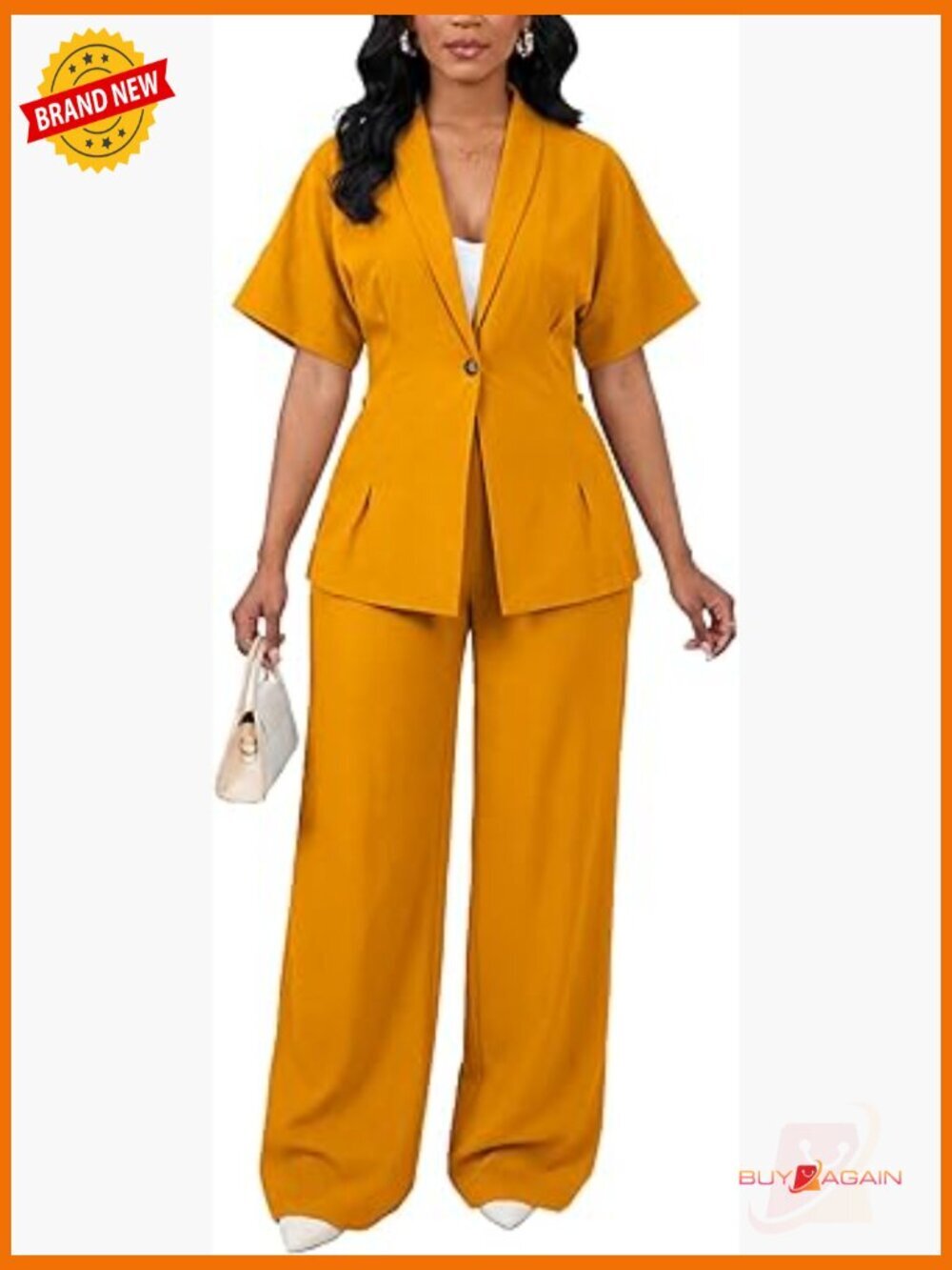 2 Piece Suit Set Short Sleeve Blazer Wide Leg Pants Pantsuit Business Casual